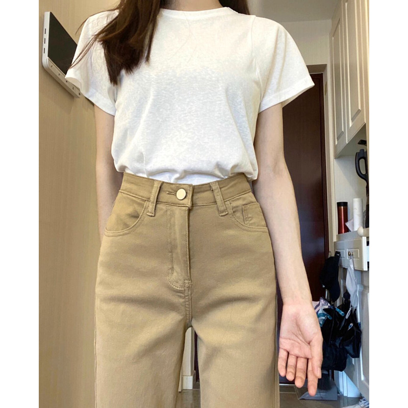 卡其色牛仔裤女2023年新款夏季小个子宽松直筒裤高腰显瘦烟管裤女