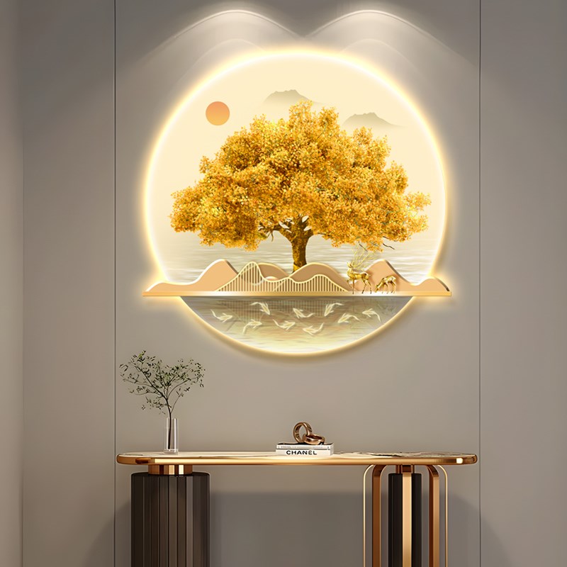 发财树入户玄关装饰画轻奢高档招财进宝挂画圆形带灯客厅走廊壁画图片