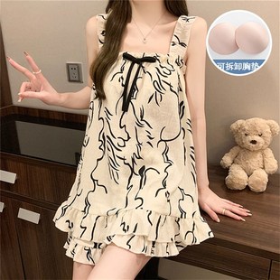 带胸垫吊带短裤睡衣女士夏季云朵棉宽松可爱少女高级感家居服套装