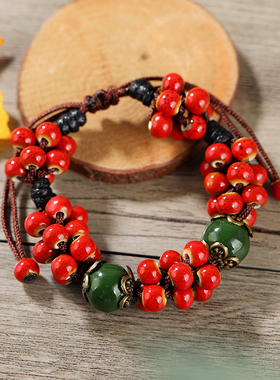 复古民族风手工陶瓷短款项链女简约百搭森系果实个性配饰手链套装
