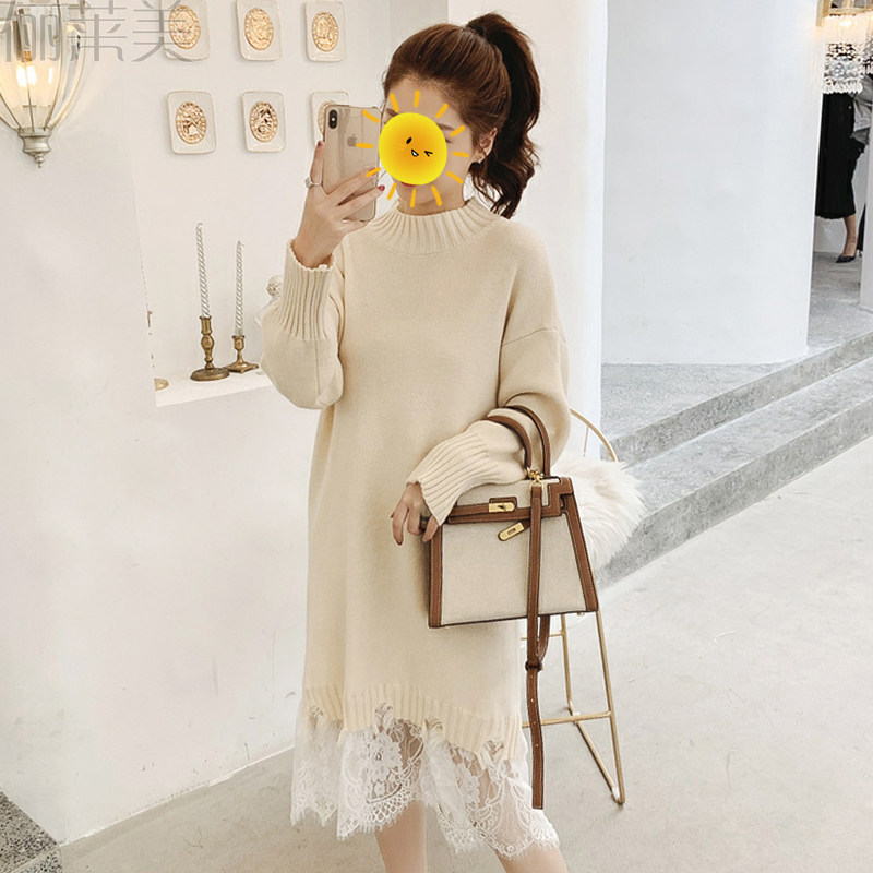 孕妇连衣裙d春宽松中长款裙子蕾丝拼接韩版针织毛衣孕妇装冬装上