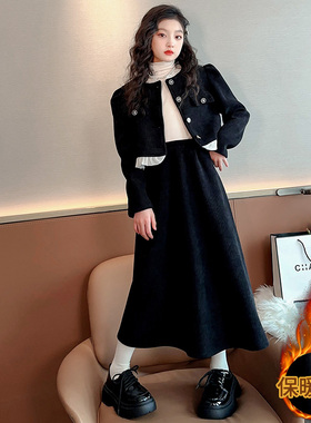女童洋装秋冬款2023新款儿童洋派礼服加绒红色年服半身裙两件套