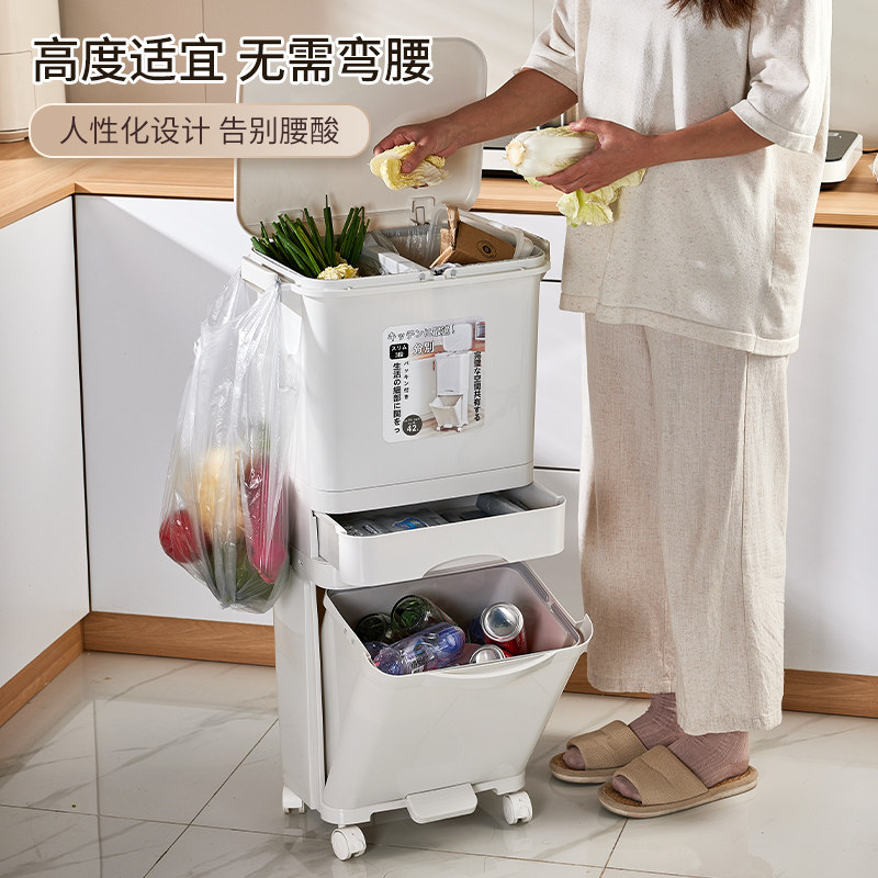 厨房垃圾桶家用厨余分类带盖按压脚踏一体大容量高款双层夹缝脚踩