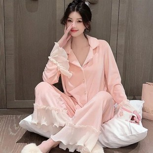 宫廷风喇叭袖 秋冬季 法式 德绒睡衣女款 薄绒U家居服两件套 长袖 长裤