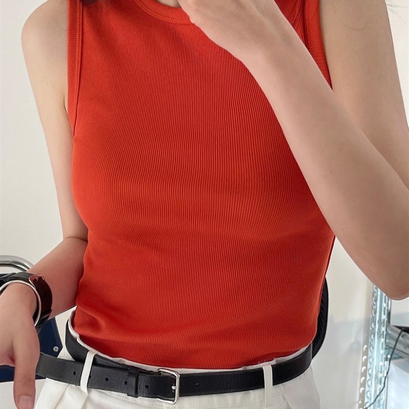 黑色休闲螺纹工字背心女夏外穿修身内搭打底圆领冰丝T恤宽带上衣