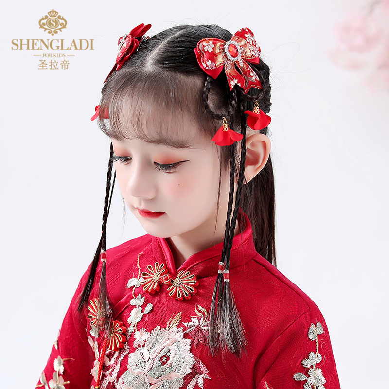 热销中国风头饰公主儿童古风发夹假发辫女童旗袍拜年服发饰流苏步