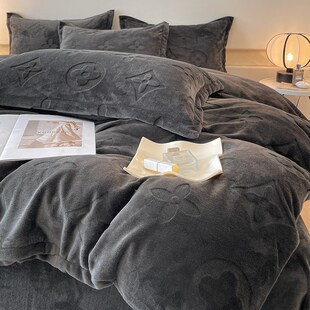 冬季潮牌高级感欧式轻奢天鹅绒男生灰色耐脏牛奶绒床单被套四件套