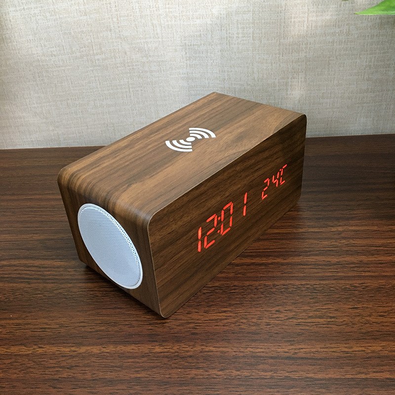 创意木头钟 蓝牙音箱无线充电 声控时钟 手机无线充 LED数字闹钟