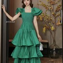 高级感宴会晚装 一字肩纯色层层蛋糕连衣裙 礼服裙2024夏女方领短袖