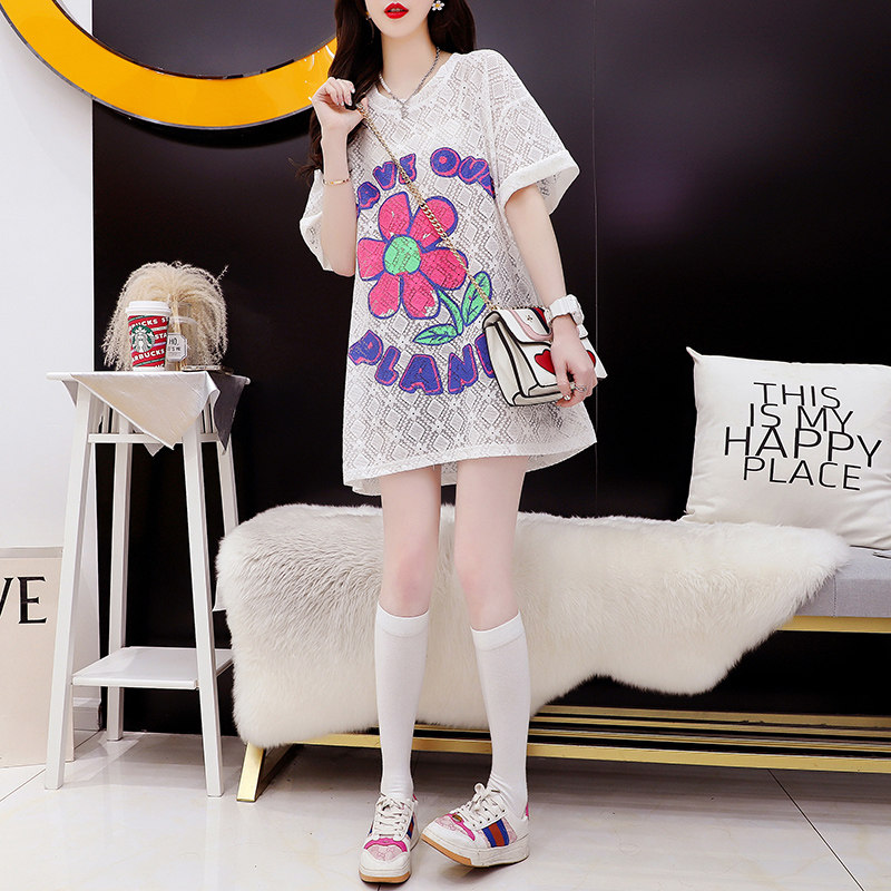潮牌设计感镂空短袖t恤女中长款新款夏季洋气减龄网红超火上衣
