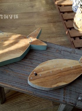 外贸出口美式乡村实木做旧彩绘尾巴可动原木小鱼创意家居装饰摆件