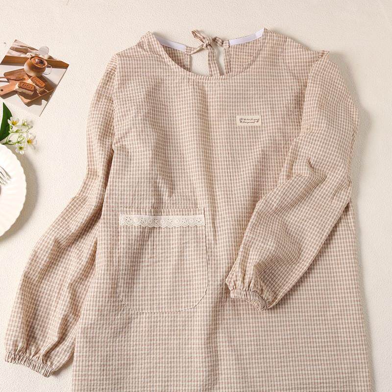 韩系文艺清新条纹薄透气棉布反穿衣家用厨房围裙防污家务长袖罩衣