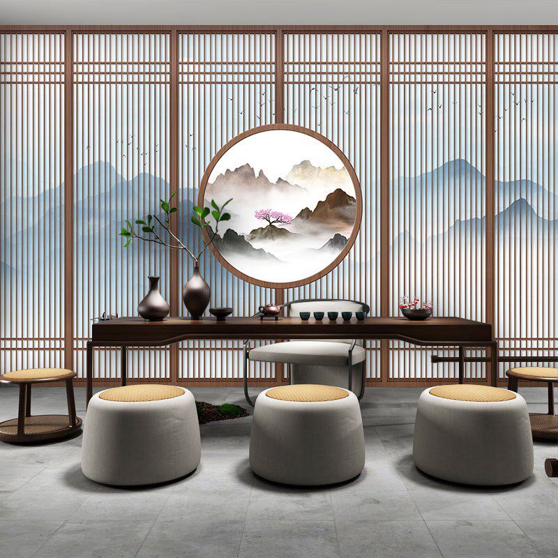 新中式壁纸茶室头疗店采耳养生馆C日系原木格栅前台背景墙装饰墙