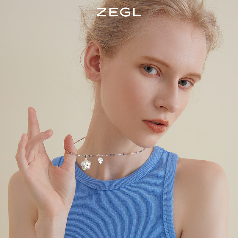 现货ZEGL设计师笑脸花朵花花串珠项链女生小众2022W年新款潮彩色
