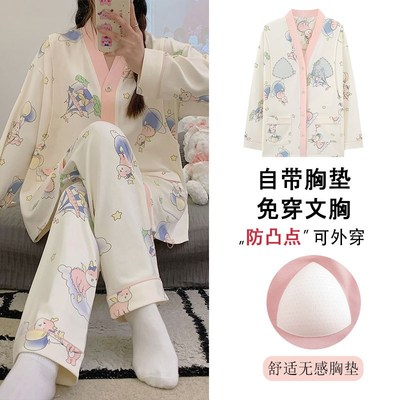 带胸垫月子服纯棉a类春夏季薄款产后哺乳孕妇睡衣女春秋喂奶套装