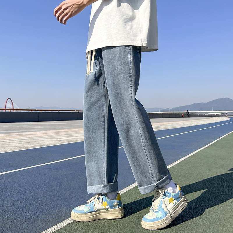 夏季薄款新塘牛仔裤男宽松直筒学生九分阔腿浅色港风垂感潮长裤子