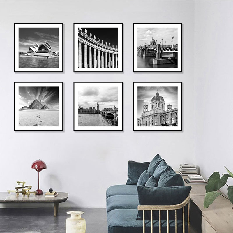 黑白装饰画建筑风景工业风办公室挂画酒店现代简约客厅背景墙壁画图片