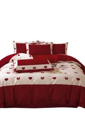 可爱兔爱心被套100支婚庆四件组z非纯棉全棉大红色新婚结婚牀上用