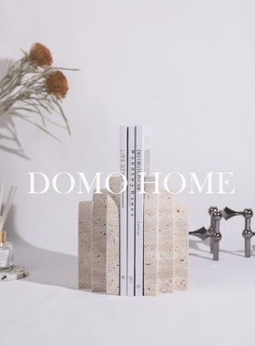 北欧风侘寂黄洞石层叠书挡书立样板间摆件客厅书房桌面家居饰品