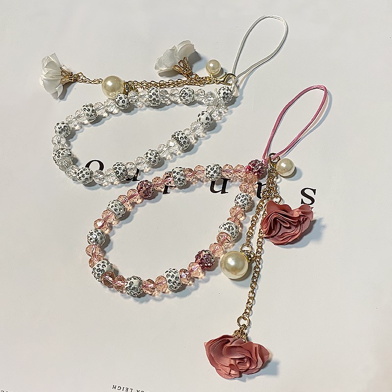 手机链花朵水晶手机挂绳珍珠吊坠时尚饰品挂链手腕短款挂链女新款