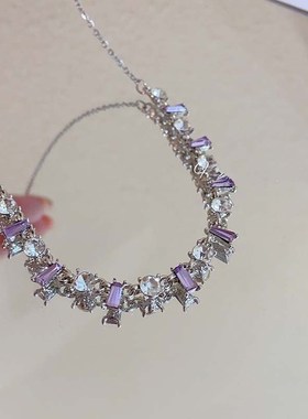 新款紫色水晶项链百搭时尚潮流高级网红不锈钢锁骨V链高级感颈链