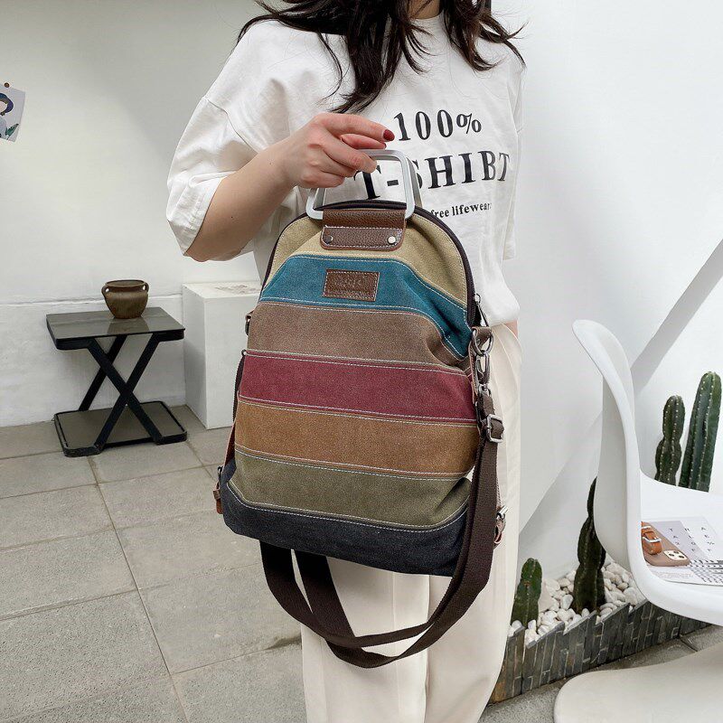 韩版双肩包女帆布三用背包百搭手提单肩包时尚拼接斜挎包大容量潮