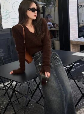V领紫色短款上衣马海毛法式高级感慵懒风针织衫套头毛衣女秋冬季