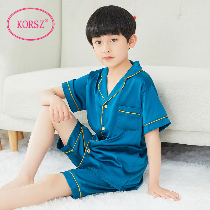 儿童睡衣男童夏季薄款短袖短裤冰丝男孩中大童夏天真丝家居服套装