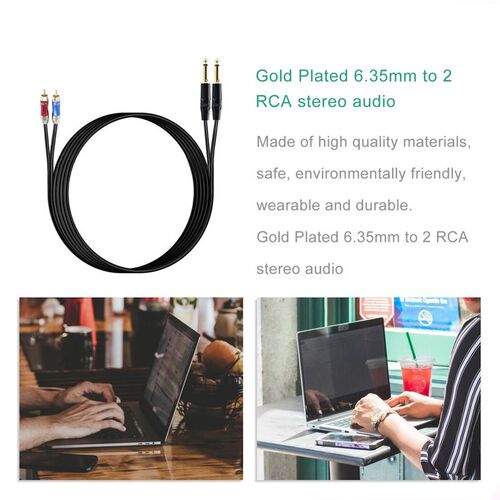 5FT 1/4 inch TRS Jack to Dual RCA Cable Gold-Plated 6.35mm t