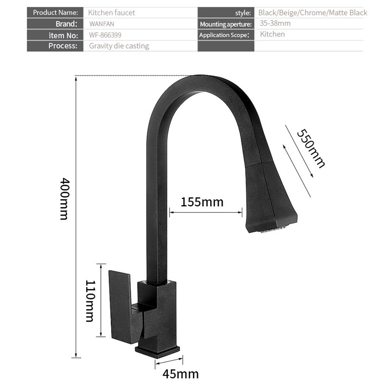 速发Kitchen Faucets Square Black Single Handle Pull Out Kitc