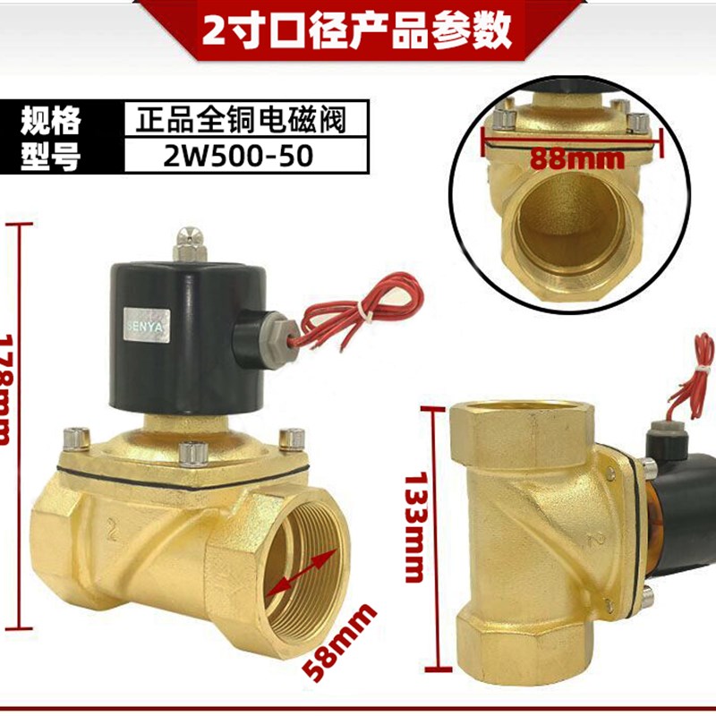 2W500-50 全铜电磁阀水阀气阀 2寸DN50 220V  DC24V货车淋水阀12V
