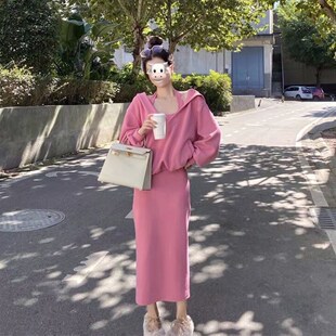 孕妇装春装e套装春秋半身裙裙宽松V领连帽卫衣挂脖吊带连衣裙两件