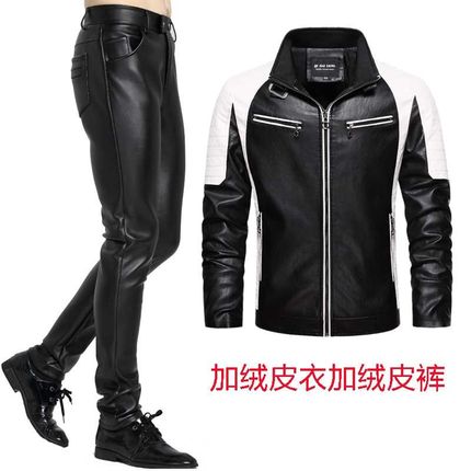 外卖摩托车机车骑行服皮夹克男士皮衣皮裤套装男工作加绒加厚一套