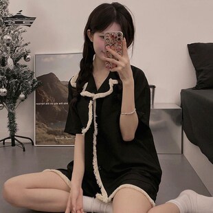 短袖 夏天薄款 短裤 套装 睡衣女夏季 带胸垫一体家居服套装 2024年新款