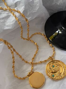 复古小众星月金色圆形金币项链女轻奢高J级感蛇骨链叠戴锁骨链欧