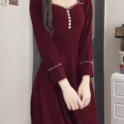 敬酒服新娘秋春长袖酒红色复古风丝绒订婚礼服连衣裙小个子回门服
