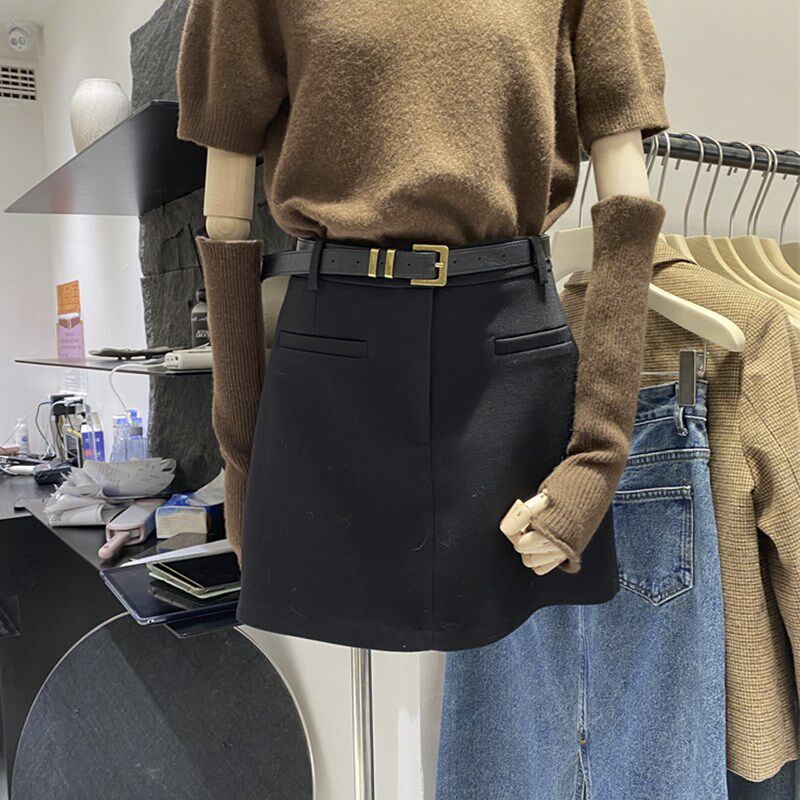 2022秋冬轻熟风高腰修身气质百搭一步包臀假口袋毛呢半身短裙女