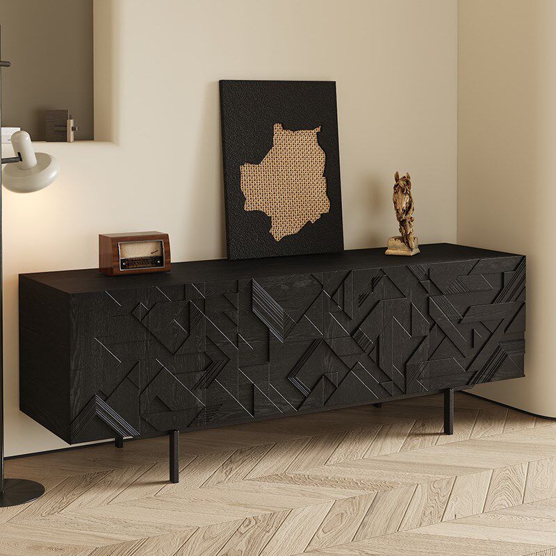 全实木电视机柜客厅家用落地新中式收纳储物小户型黑色现代简约柜