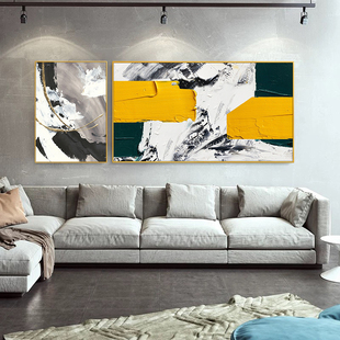 纯手绘浪花璀璨现代黑白抽象油画背景墙客厅挂画沙发横幅装 饰画