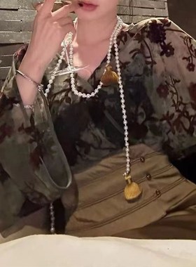 新中式旗袍搭配饰品仿珍珠项链复古流苏璎珞西装百搭气质腰链禁步