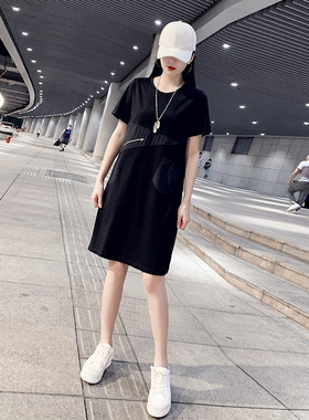 2021夏装新款大码黑色休闲宽松连衣裙女加肥加大R直筒减龄200斤潮
