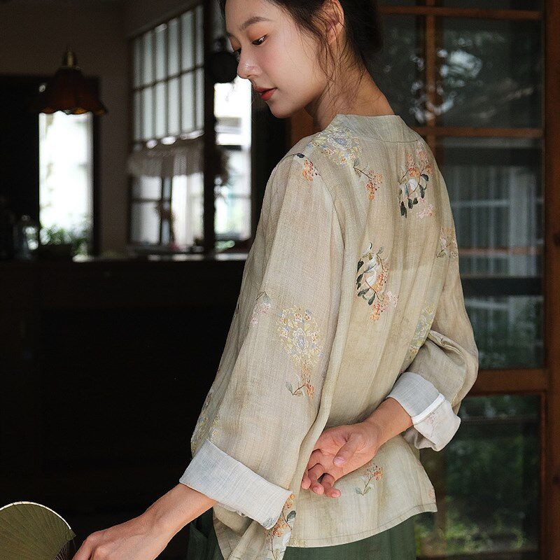 新中式苎麻禅服瑜伽修行套装休闲国风印花斜襟盘扣居士茶服阔腿裤