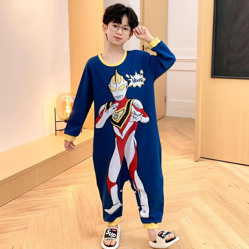 儿童连体睡衣男童春秋长袖防着凉夏季薄款男宝秋款睡袋家居服