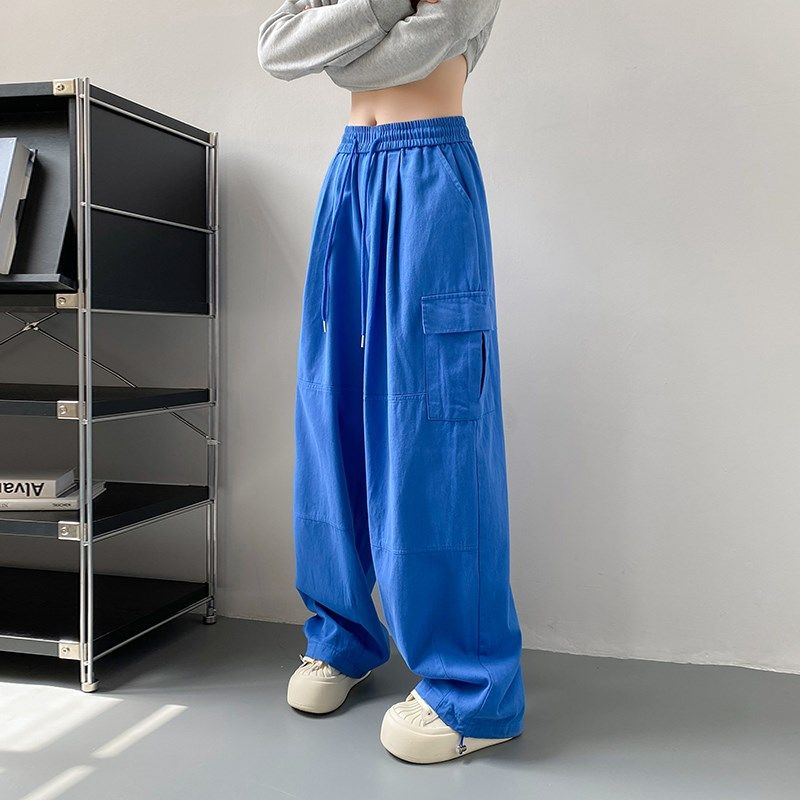 阔腿工装裤女2024秋松紧抽绳高腰宽松拖地长裤子休闲慵懒直筒裤,女装/女士精品,大码裤装,淘宝优惠券,粉丝福利购,淘宝优惠卷