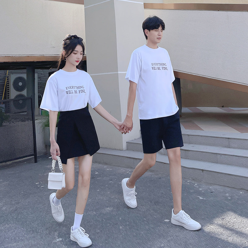 小众高货黑白情侣装夏装套装一裙一衣简约百搭短袖t恤一套男女202