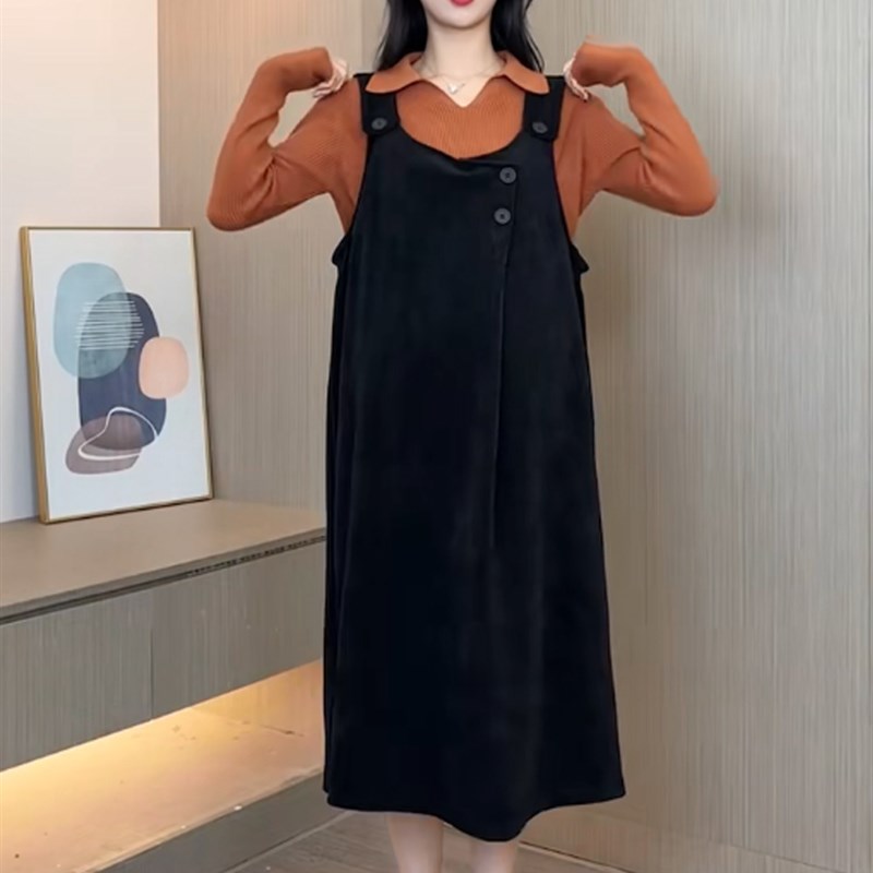 孕妇秋装洋装秋冬长袖内搭衣背心裙显瘦两件套韩V版小个子中长裙