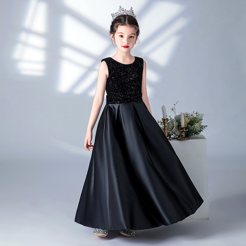 黑色儿童礼服高端公主裙六一主持长款女童钢琴考级音乐会演奏服春