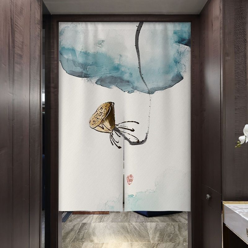 中式荷花布艺门帘卫生间商用遮A挡布帘厕所卧室隔断半截半帘免打