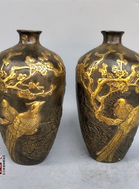 包邮纯铜古玩收藏仿古做旧铜器工艺品黄铜摆 件喜鹊登梅花瓶一对