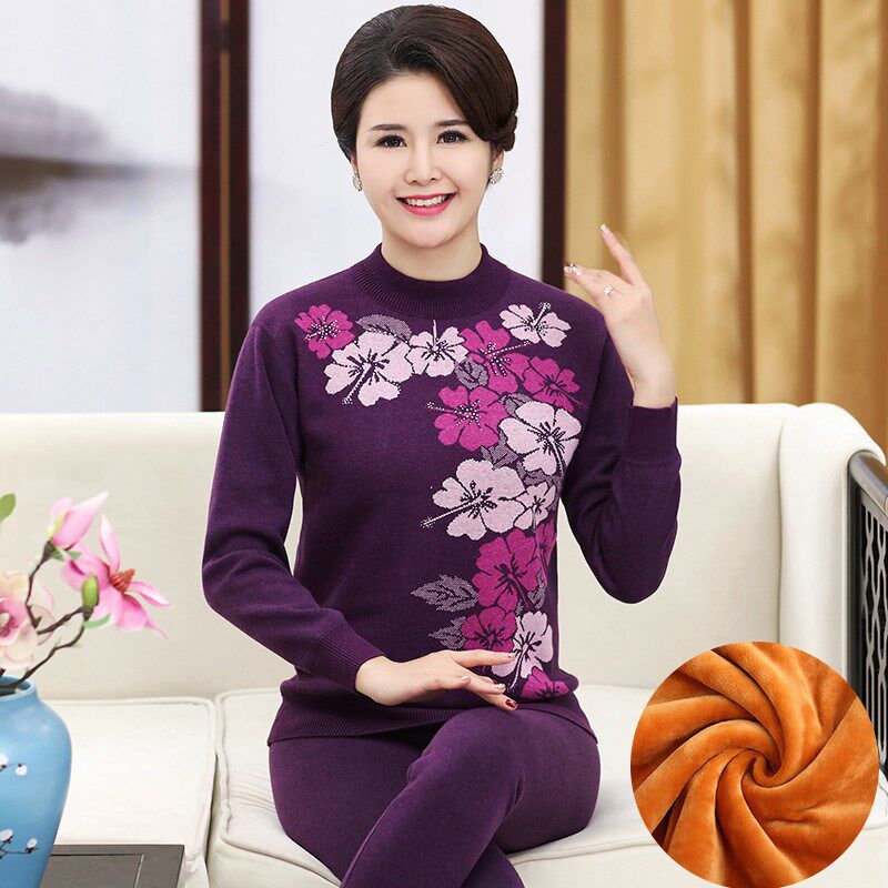 中老年保暖内衣女加绒加厚冬大码套装老人中高领妈妈秋衣新品